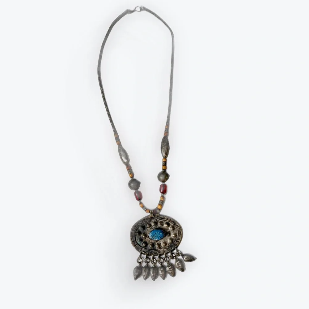 Vintage Artisan Bohemian Silver and Blue Pendant Necklace
